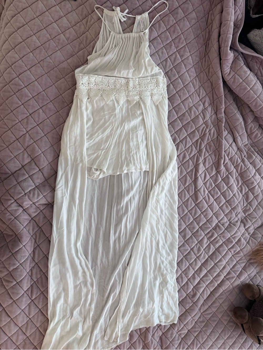 White Sleeveless Crochet-Trim high low Dress